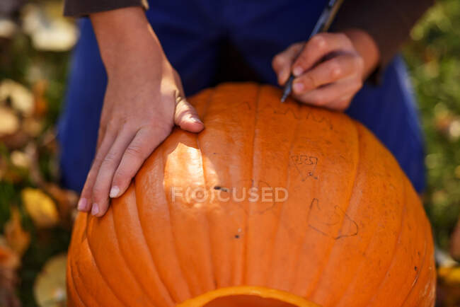 Close-up de um menino fazendo uma abóbora de Halloween no jardim, Estados Unidos — Fotografia de Stock