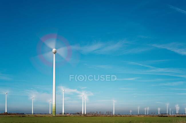 Turbinas eólicas sobre un fondo de cielo azul - foto de stock
