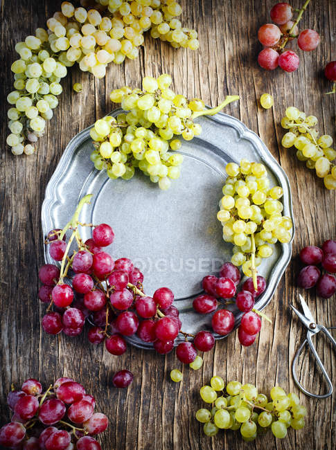 Fresh grapes on vintage plate, top view — Stock Photo