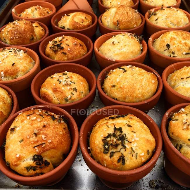 Bread rolls baked in plant pots — Stock Photo