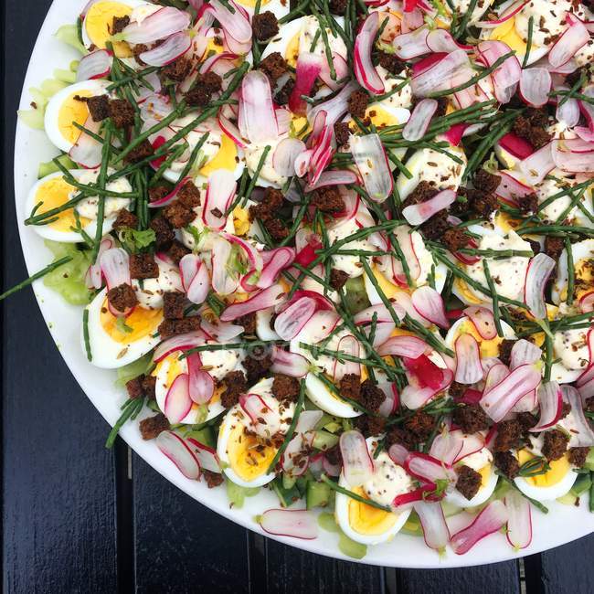 Closeup view of Egg and radish salad with samphire — Stock Photo