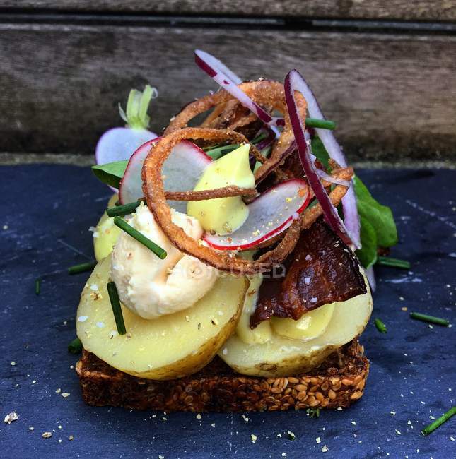 Danish open sandwich with potato, closeup view — Stock Photo