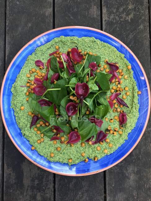 Humus spinaci con cipolle rosse, vista dall'alto — Foto stock