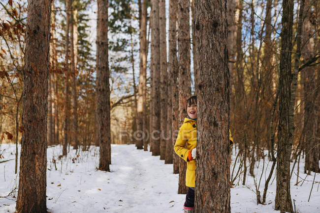 Smiling girl hiding behind a tree in the woods, United States — Stock Photo