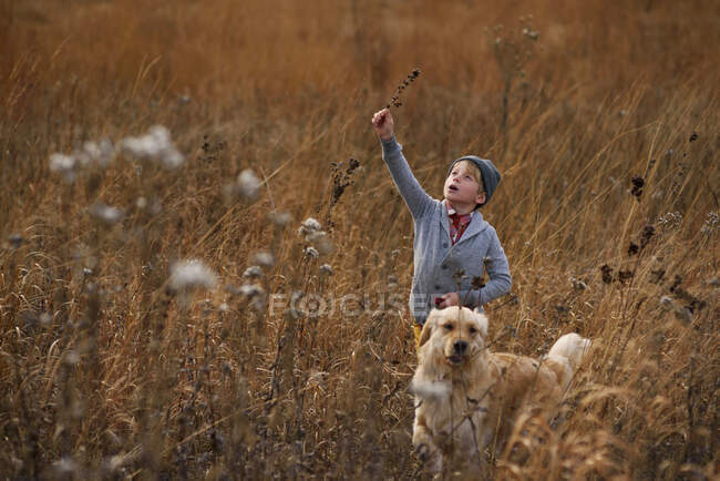 Boy standing in a field with his dog holding long grass, United States — Stock Photo