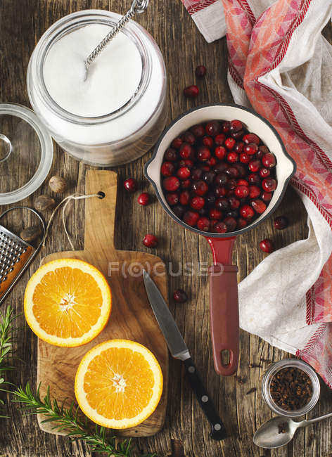 Ingredients for cranberry sauce, top view — Stock Photo