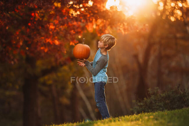 Menino de pé em um jardim com uma abóbora, Estados Unidos — Fotografia de Stock