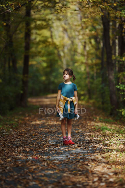 Ragazza in piedi su un sentiero all'inizio dell'autunno, Stati Uniti — Foto stock