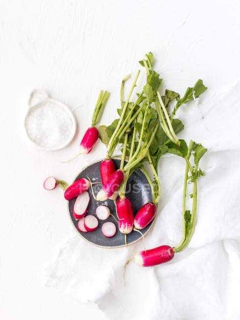 Closeup view of Plate of radishes with salt — Stock Photo