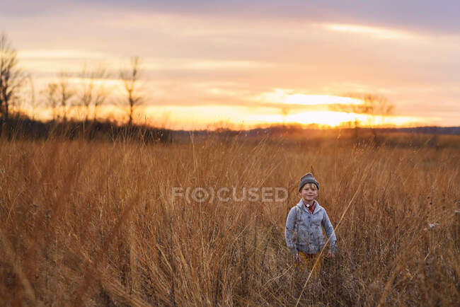 Мальчик, стоящий в поле на закате, США — стоковое фото
