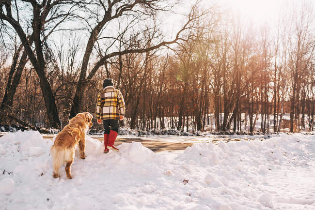 Мальчик, гуляющий по снегу со своей собакой, США — стоковое фото
