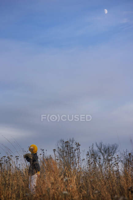Girl standing in a field looking up at the evening moon, United States - foto de stock