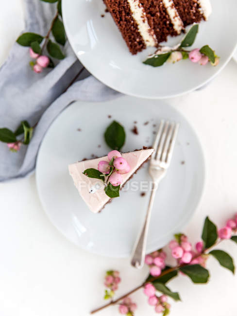 Slice of Chocolate birthday cake with rose water frosting — Stock Photo