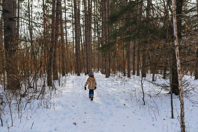 Junge läuft im Winter durch den Wald, Vereinigte Staaten — Stockfoto