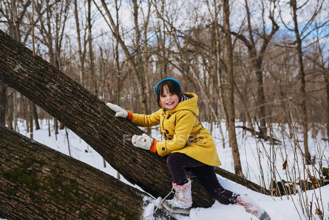 Chica sonriente trepando a un árbol caído, Estados Unidos - foto de stock