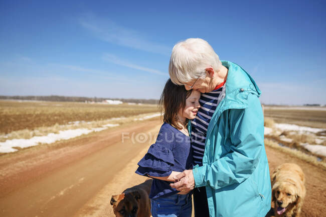 Бабуся стоїть біля дороги, де два собаки обіймають онуку (США). — стокове фото