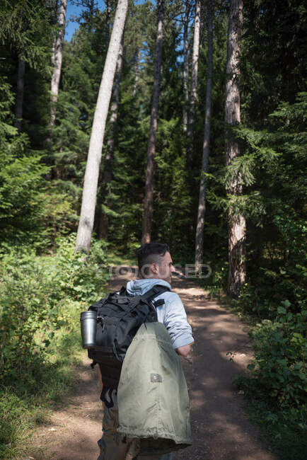 Передній вигляд людини, яка подорожує лісом, Боснією і Герцеговиною. — стокове фото