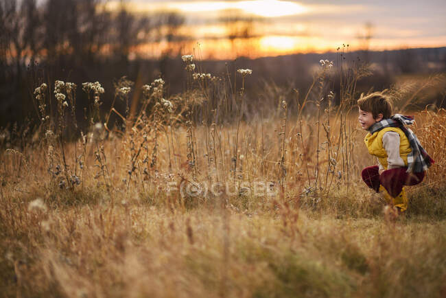 Lächelnder Junge, der in einem Feld hockt, vereinigte Staaten — Stockfoto