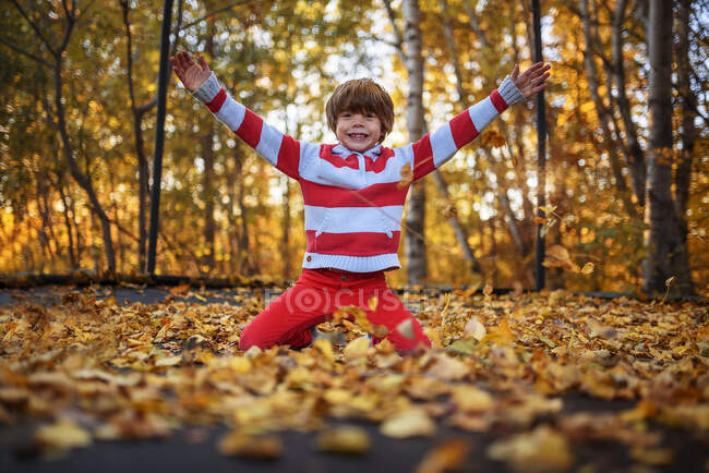 Happy boy sitting on a trampoline covered in autumn leaves, United States — Stock Photo