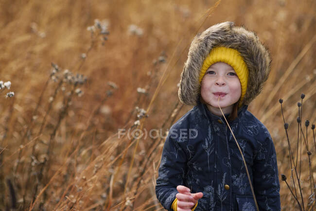 Retrato de uma menina sorrindo de pé em um campo mastigando um pedaço de grama longa, Estados Unidos — Fotografia de Stock