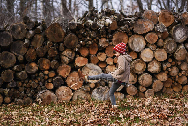 Chica pateando hojas de otoño por una pila de madera, Estados Unidos - foto de stock