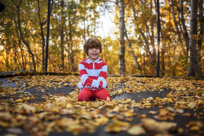 Мальчик, сидящий на трамвае, покрытом осенними листьями, Соединенные Штаты — стоковое фото