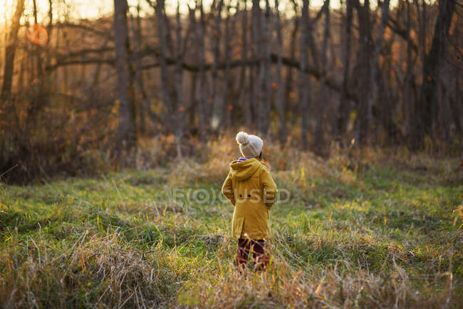 Fille debout dans les bois en automne, États-Unis — Photo de stock