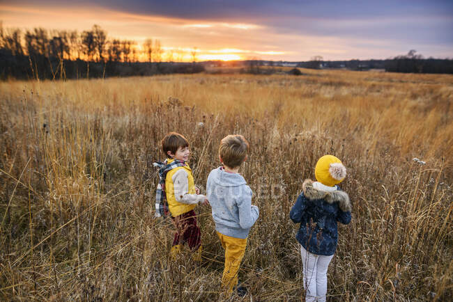 Tres niños de pie en un campo al atardecer, Estados Unidos - foto de stock