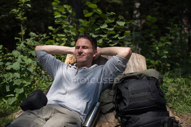 Турист, отдыхающий на пне в лесу, Босния и Герцеговина — стоковое фото