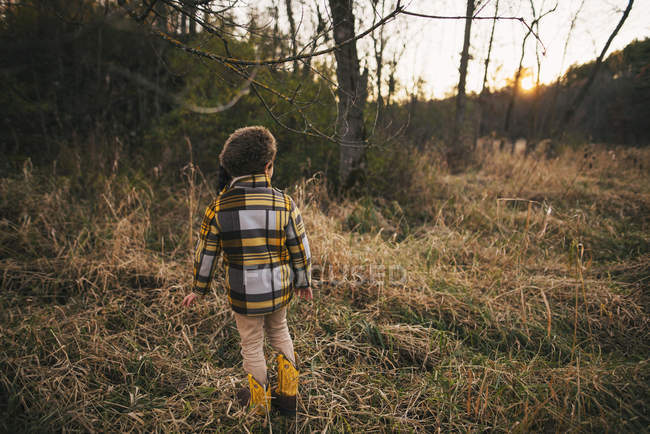 Мальчик, стоящий в лесу осенью, США — стоковое фото