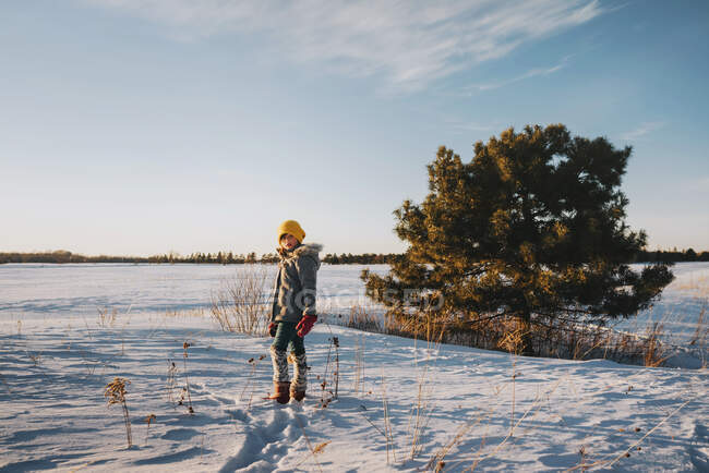 Девочка, гуляющая по снегу, США — стоковое фото