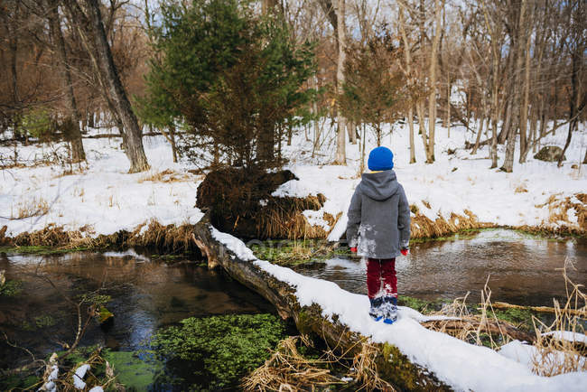 Boy walking across a fallen log in winter, Estados Unidos — Fotografia de Stock