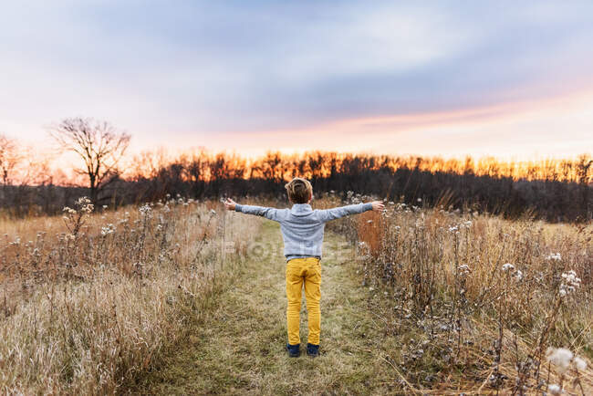 Мальчик, стоящий в поле на закате с протянутыми руками, США — стоковое фото
