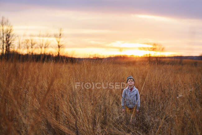 Niño parado en un campo al atardecer, Estados Unidos - foto de stock