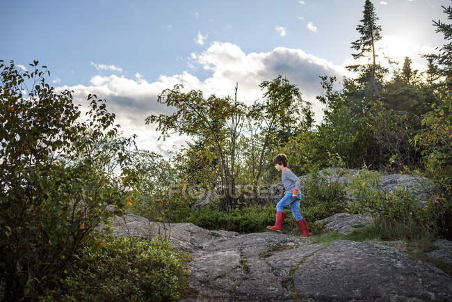 Garçon faisant de la randonnée dans une forêt, parc provincial du lac Supérieur, États-Unis — Photo de stock