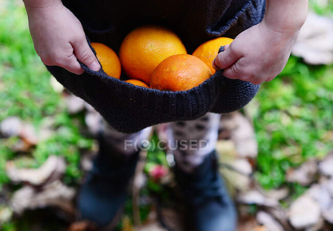 Chica de pie en un jardín llevando naranjas en su vestido - foto de stock