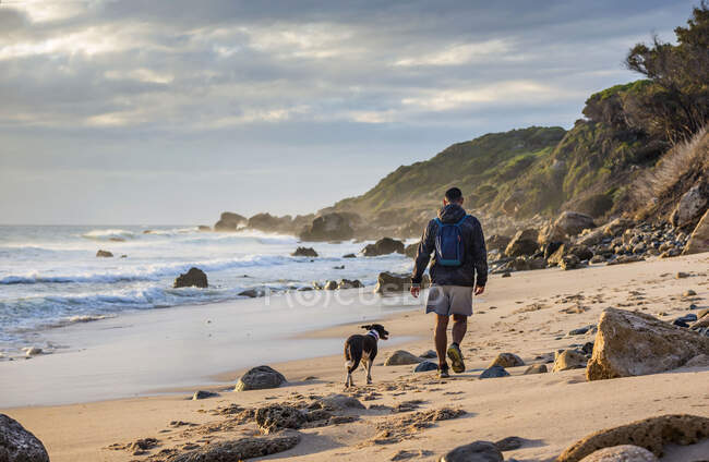 Veduta posteriore di un uomo che cammina lungo la spiaggia di Bolonia con il suo cane, Tarifa, Cadice, Andalusia, Spagna — Foto stock