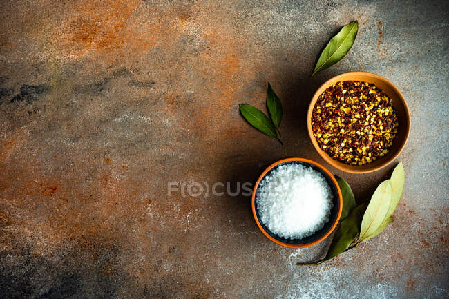Fresh herbs and spices on a dark background. top view. free space for your text. — Stock Photo