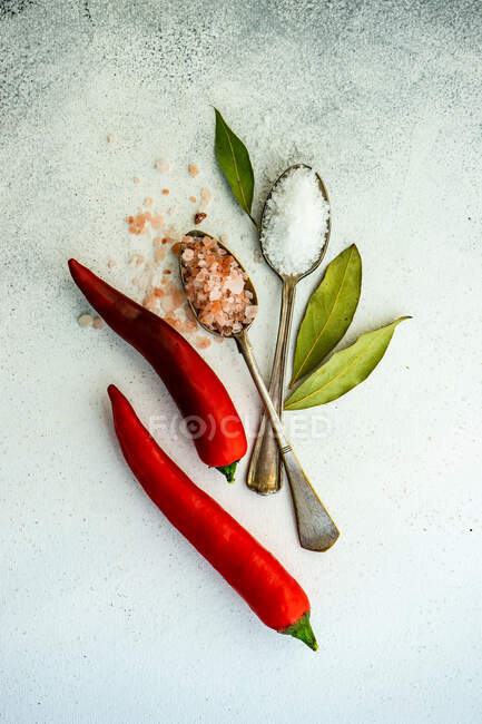 Visão aérea de duas colheres vintage cheias de sal ao lado de chilis vermelhos e folhas de louro — Fotografia de Stock
