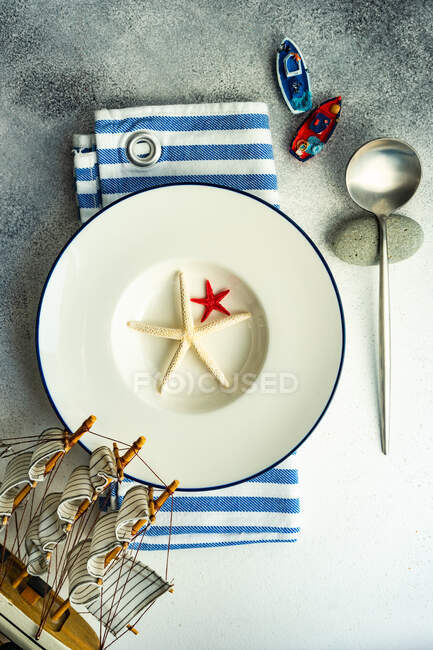 Overhead view of a nautical themed place setting on a table — Stock Photo