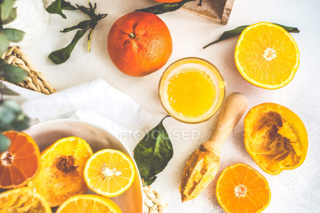 Frischer Orangensaft mit Zitrone und Minze auf weißem Hintergrund. Ansicht von oben. — Stockfoto