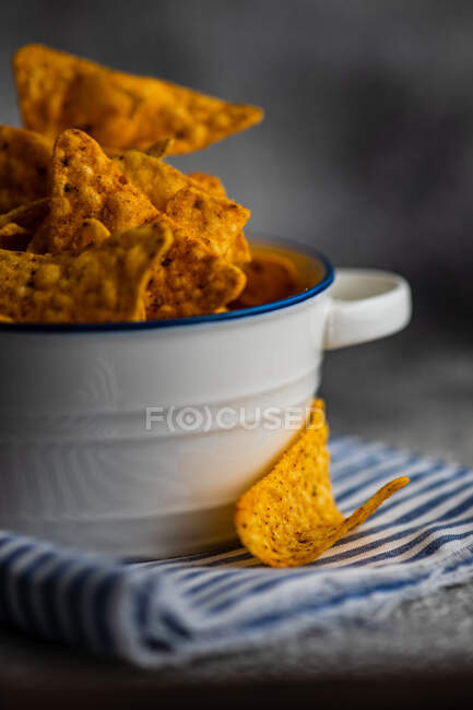 Mexican food. delicious nachos with corn and chips. selective focus. — Stock Photo