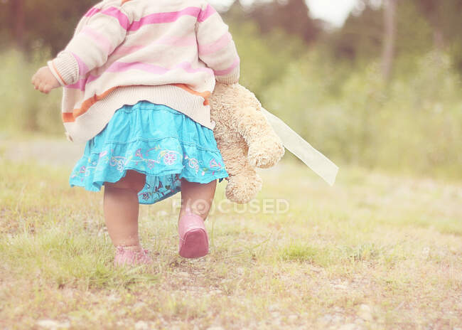Вид сзади на малыша, бегущего по лугу с плюшевым мишкой, Вашингтон, США — стоковое фото