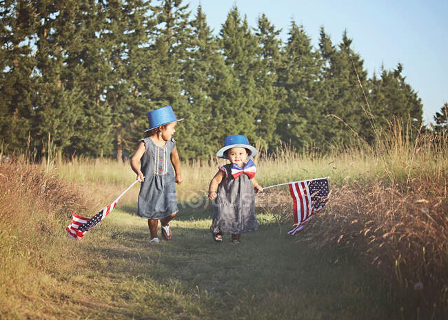 Two girls walking through a meadow carrying American flags, Washington, USA — Stock Photo