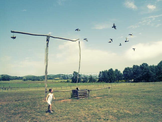 Chica persiguiendo aves de un antiguo pueblo tradicional bien en un campo, Hungría - foto de stock