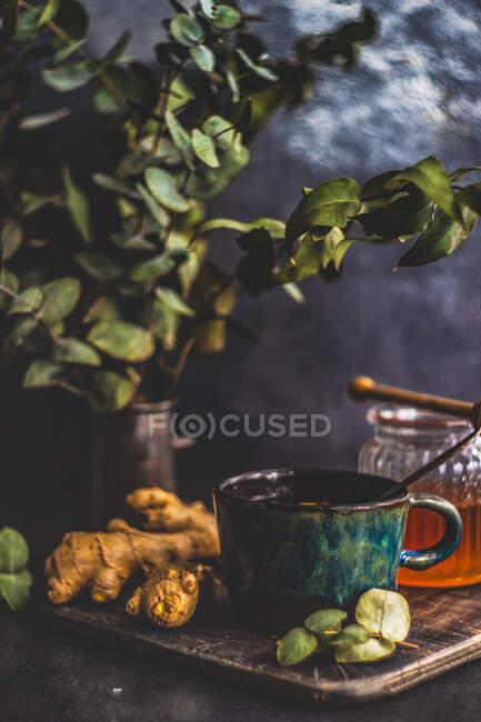 Cup of hot tea with honey, lemon and ginger next to eucalyptus stems in vase — Stock Photo