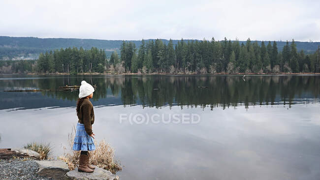 Chica de pie en el borde del lago mirando a la vista, Estado de Washington, EE.UU. - foto de stock