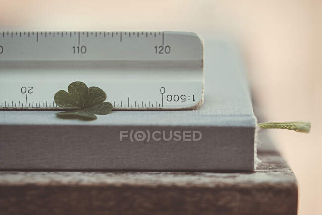 Close-up of a clover leaf, ruler and book on a wooden table — Stock Photo
