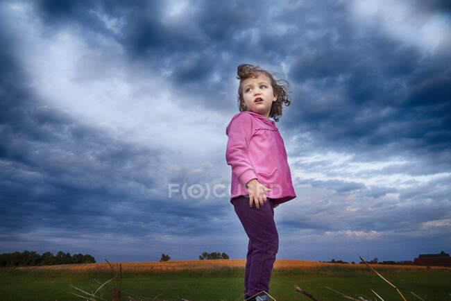 Portrait of a windswept girl standing in a field at sunset, Poland — Stock Photo