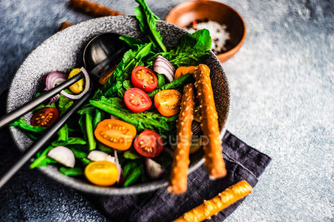 Grilled vegetables with tomato sauce and tomatoes. top view. free space for your text. — Stock Photo
